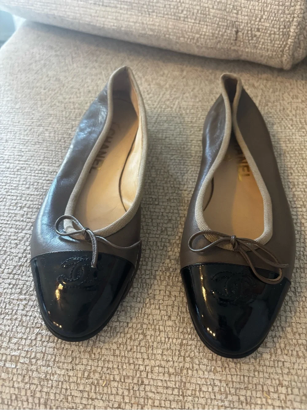 CHANEL Taupe Leather Ballet Flats with Black Patent Cap Toe